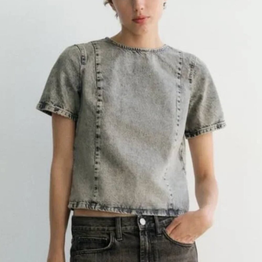 NWT ZARA TRF DENIM TOP LIGHT GRAY